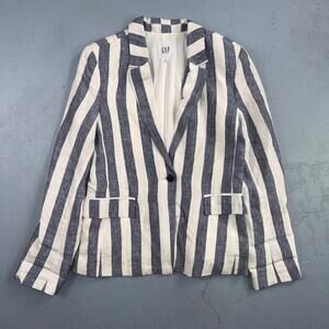 Gap Blazer Jacket Women's 4 Blue White Striped Linen Button Coastal Preppy
